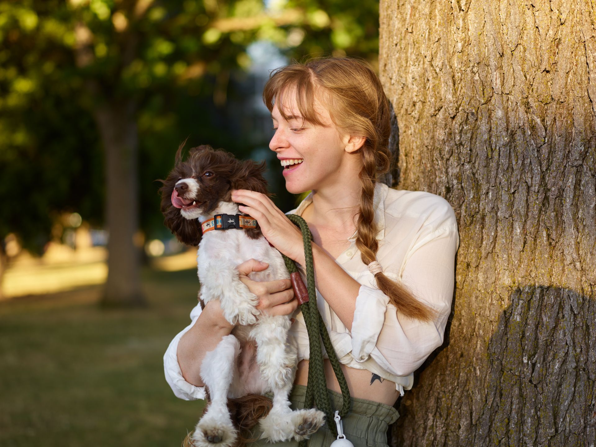 A dog walker outdoors with a happy dog